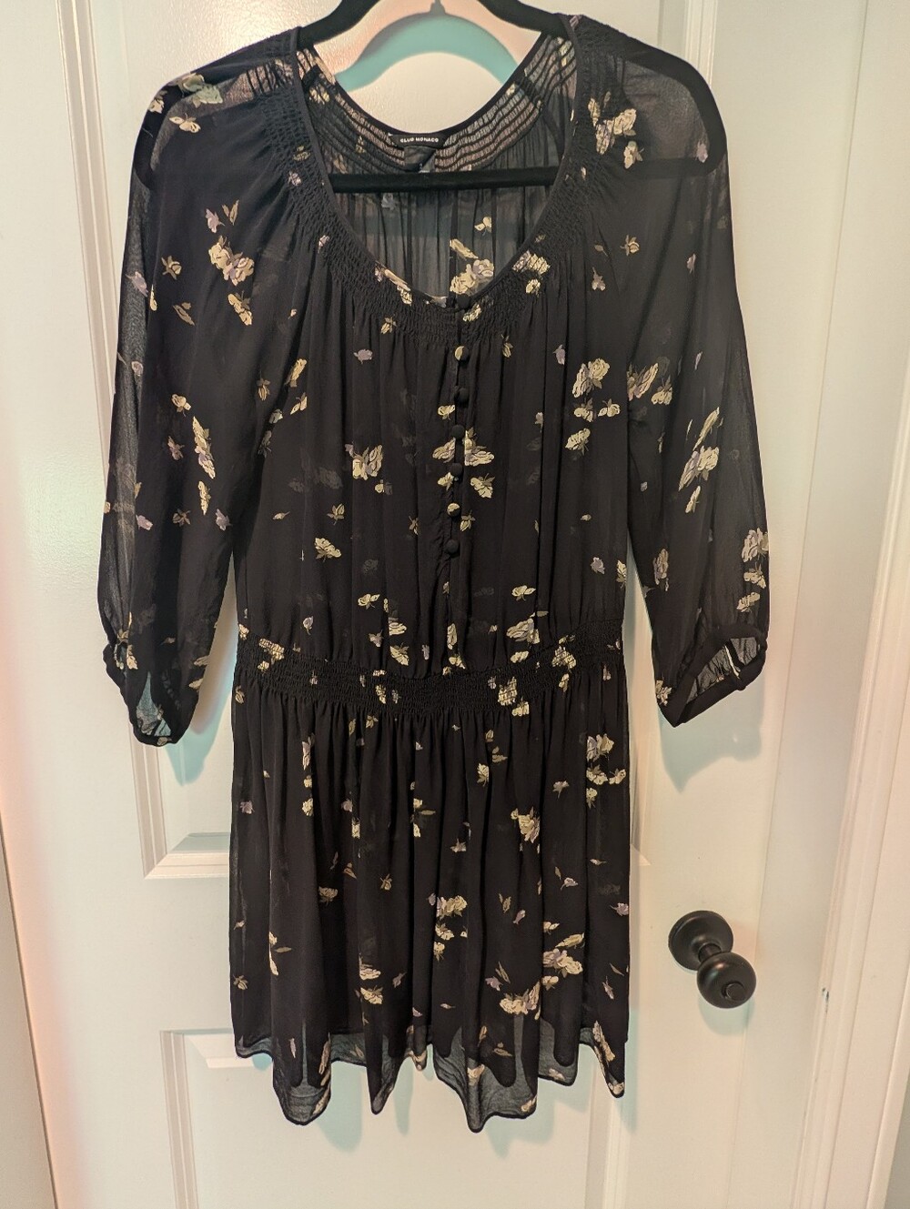 Club Monaco 100% Silk Black Floral Sheer Mini Dress Size 2